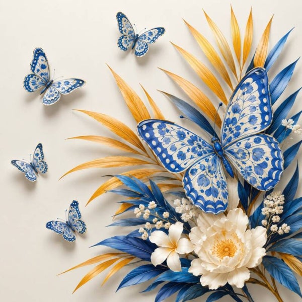Delftse Vlinderdans – Delfts blauw vlinderschilderij met bloemen