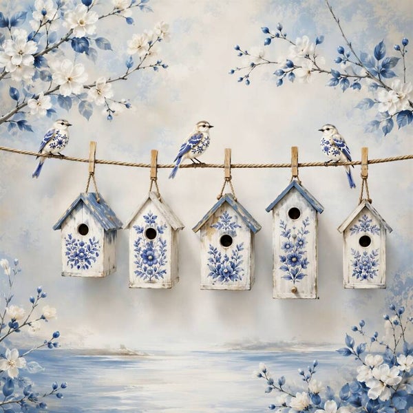 Delftse Vogelhuisjes – landelijk Delfts blauw schilderij met vogels en bloesem