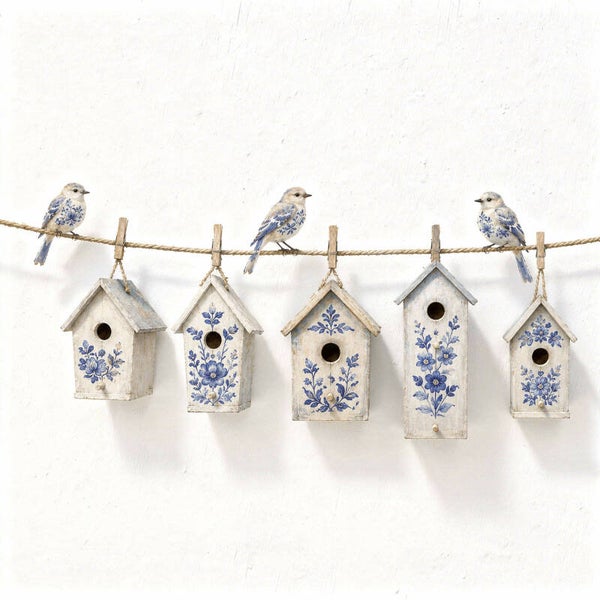 Delftse Vogelstraat – Landelijk Delfts blauw schilderij met vogelhuisjes