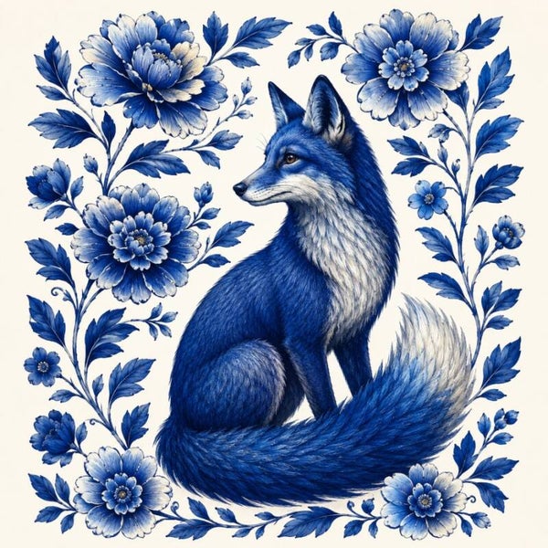 Delftse Vos – Delfts blauw vossenschilderij met bloemen
