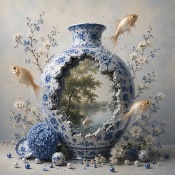 Delftse Waterpoort – Delfts blauw schilderij met goudvissen en verborgen landschap