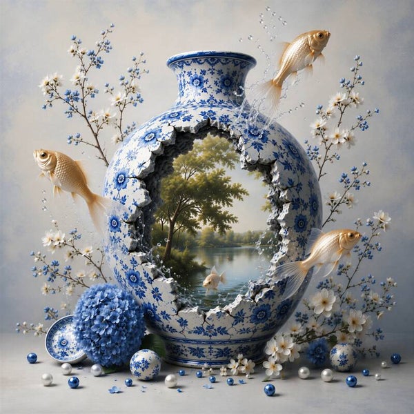 Delftse Waterpoort – Delfts blauw schilderij met goudvissen en verborgen landschap