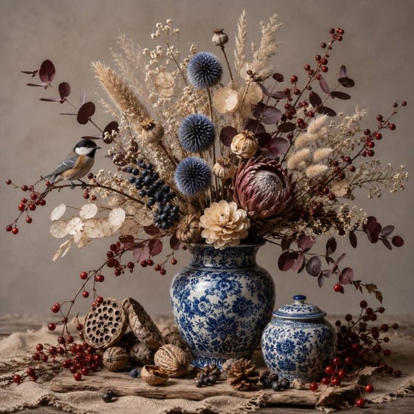 Delftse Weelde – Delfts blauw schilderij met protea en koolmees