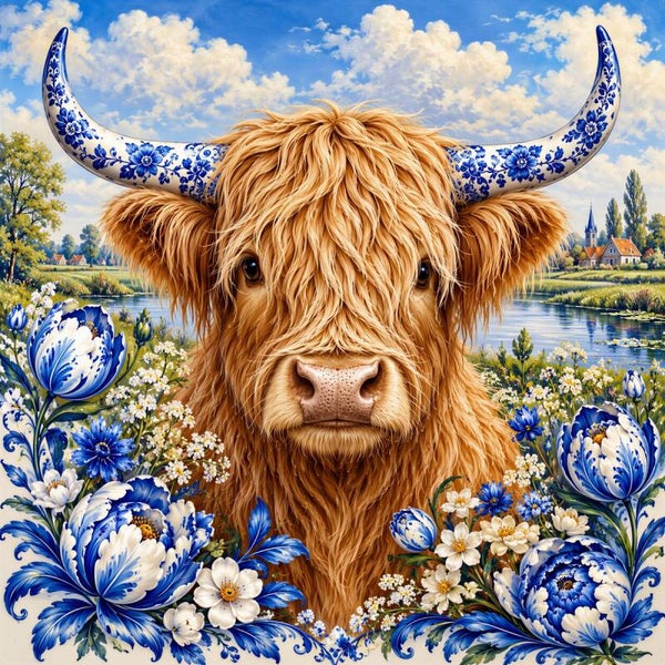 Delftse Weidewachter – Hooglander schilderij met Delfts blauwe bloemen en Hollands landschap