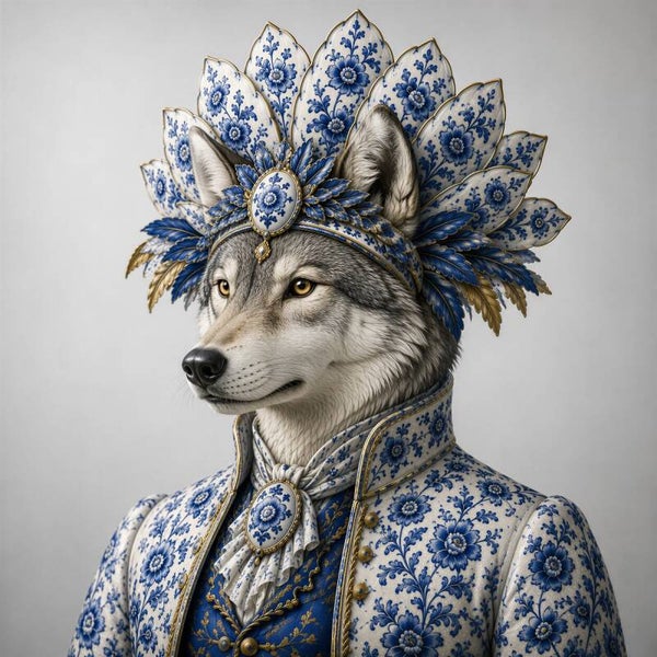 Delftse Woudvorst – wolf schilderij met Delfts blauwe bloemenkroon