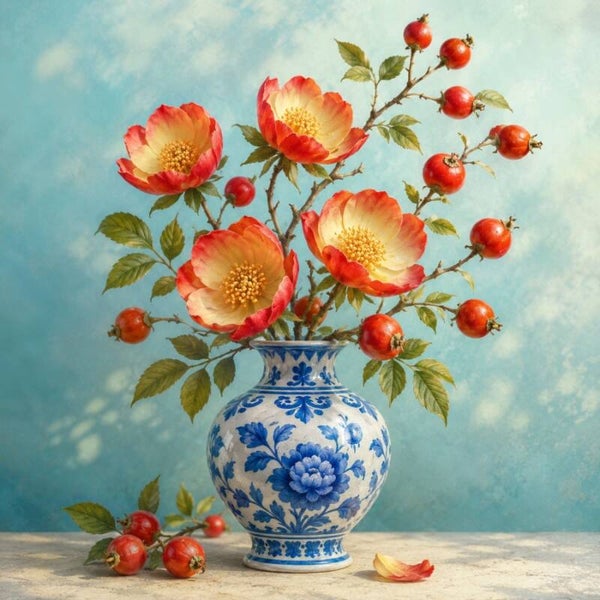 Delftse Zomerpracht – Delfts blauwe vaas met bloemen en rozenbottels