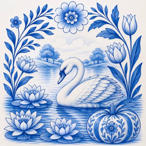 Delftse Zwanenvijver – Delfts blauw zwaan schilderij met waterlelies