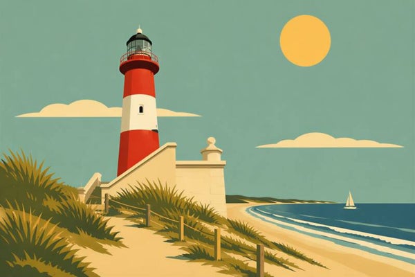 Zeezicht Vuurtoren – retro schilderij met kust, strand en zon