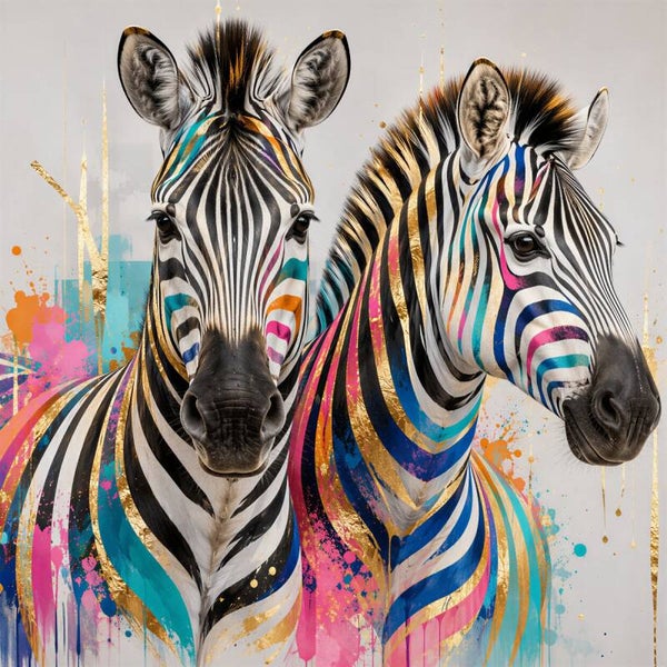 Designer Zebra’s – kleurrijk zebra schilderij met goud