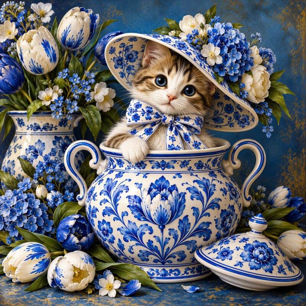 Blauwe Bloemenpoes – kat schilderij met Delfts blauwe pot, bloemenhoed en strik