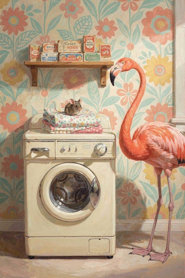Roze wasdag – flamingo en muis bij vintage wasmachine schilderij