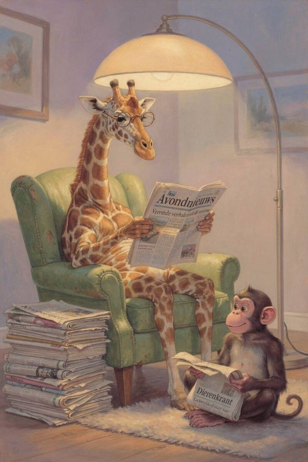 Dierenschilderij De avondeditie – giraffe in fauteuil met krant en aapje