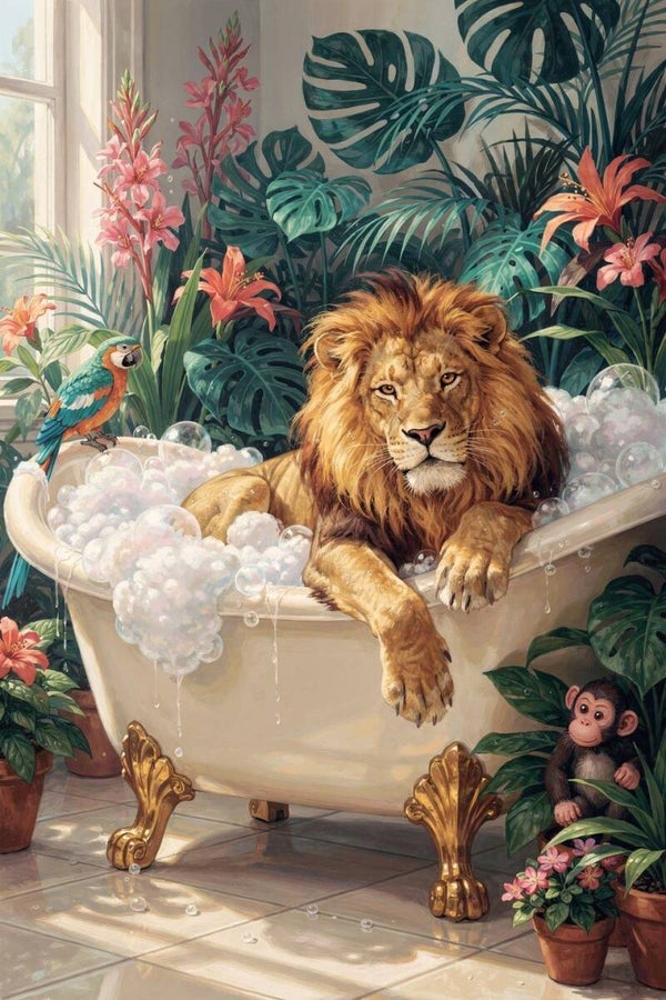 Leeuw in bad – dierenschilderij met papegaai en aapje in botanische badkamer