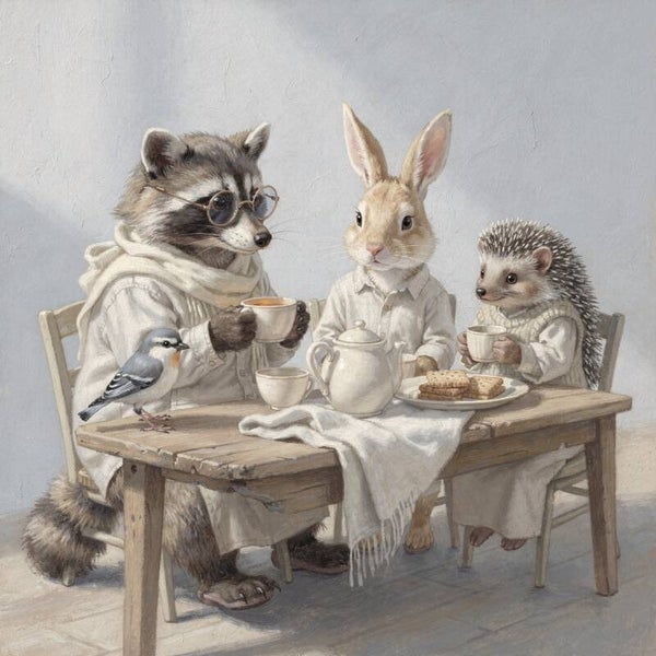 Theekransje in stilte – dierenschilderij met wasbeer, haas en egel aan tafel