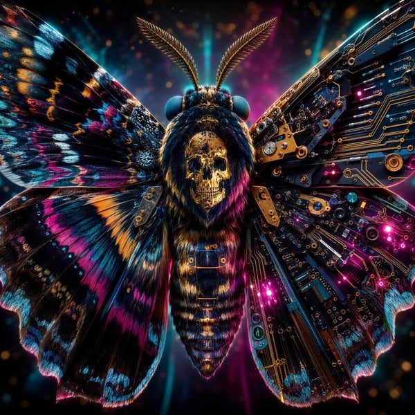 Digital Metamorphosis – cyberpunk nachtvlinder met schedel schilderij