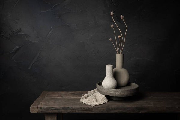 Grow your way - Donker stilleven met gedroogde papavers en aardewerk vazen