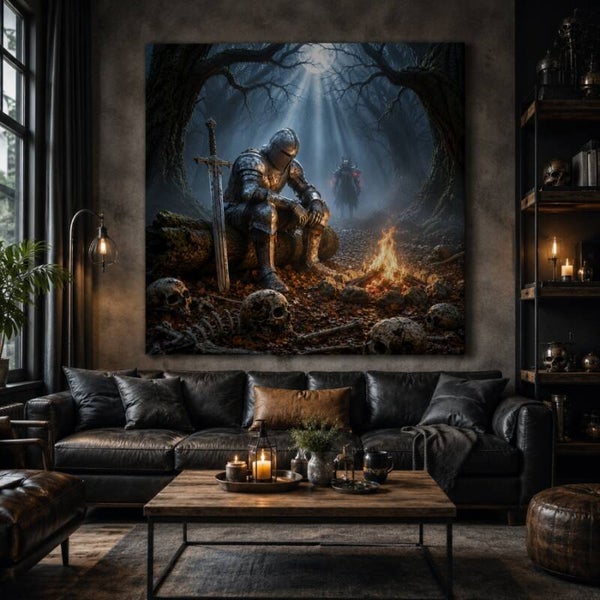 Ridder bij kampvuur schilderij – dark fantasy kunst met zwaard