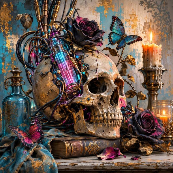 Clockwork Requiem – steampunk schedel met vlinders en rozen schilderij