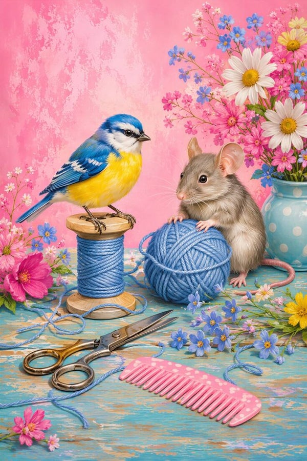 Draad van Aandacht – schilderij met muis en vogel bij handwerktafereel