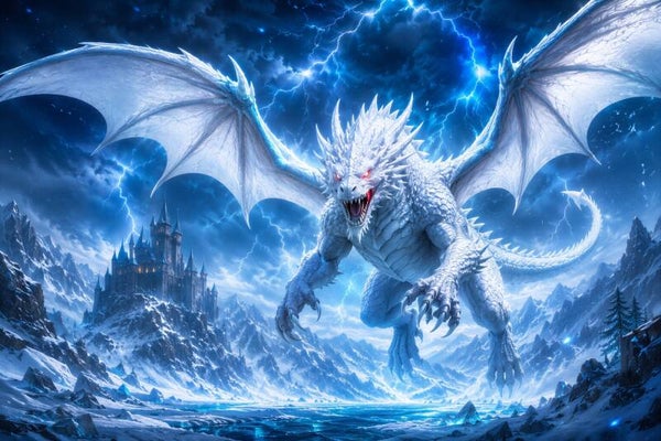 Vorst van de IJsstorm – witte draak met kasteel schilderij