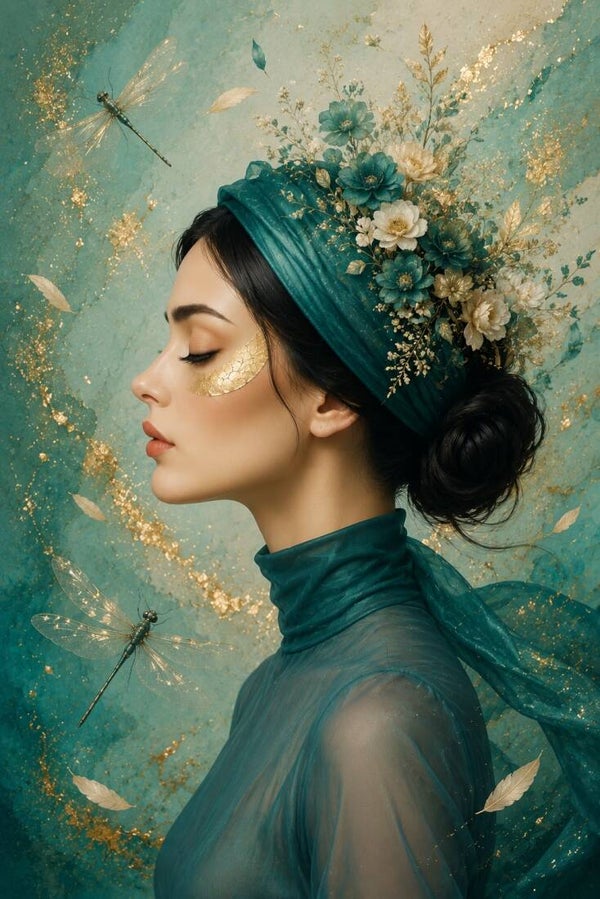 Dragonfly Serenity – turquoise vrouw schilderij met libellen en bloemen