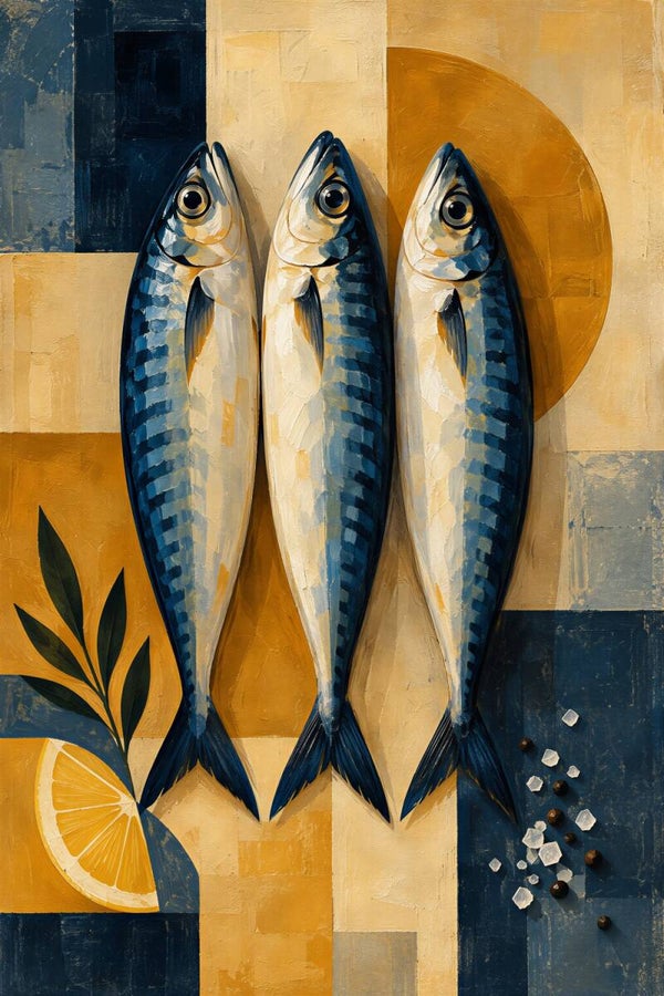 Drie uit de Zee – abstract vis schilderij in okergeel en diepblauw voor keuken