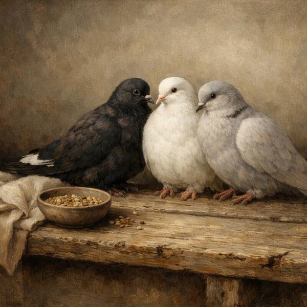 Drieklank – schilderij duiven op oude boerderijtafel, landelijke wanddecoratie