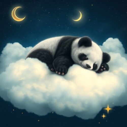 Schilderij van slapende panda op wolk met sterren