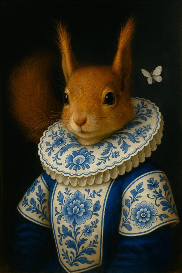 Edele Eekhoorn in Delfts Blauw – schilderij in oude meesters stijl
