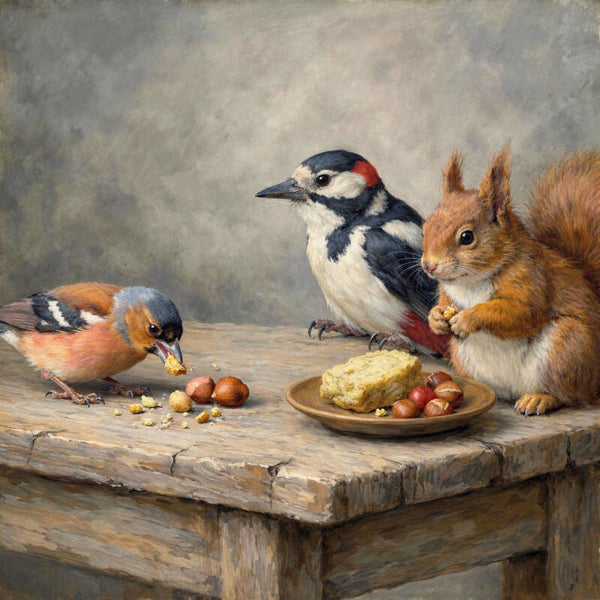 Notentijd – schilderij met eekhoorn, specht en vink
