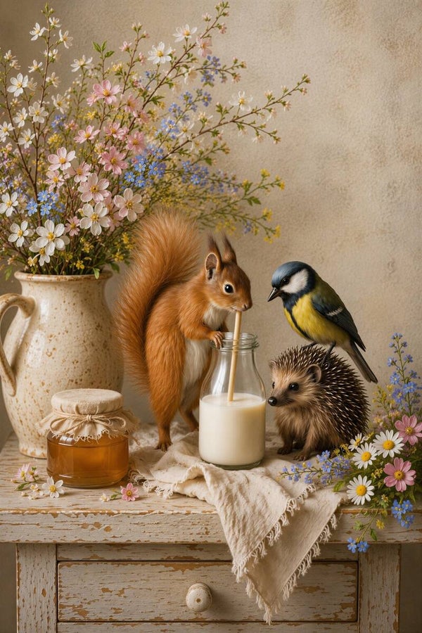 Melkgeheim – landelijk dieren schilderij eekhoorn vogel egel bloemen