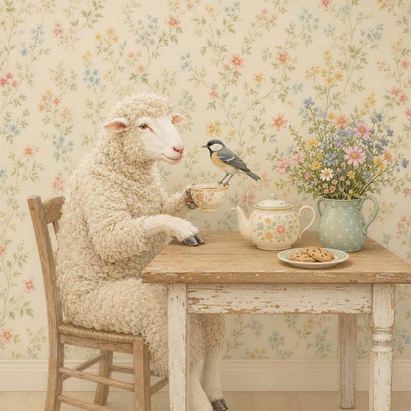 Een Kopje Geduld – landelijk schilderij schaap mees theekopje vintage pastel