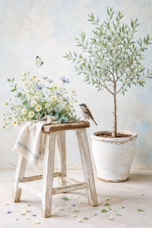 Een Moment van Stilte – schilderij met mus, veldbloemen en olijfboom
