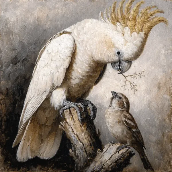 Een Takje voor de Mus – schilderij kaketoe en mus in oude meesters stijl