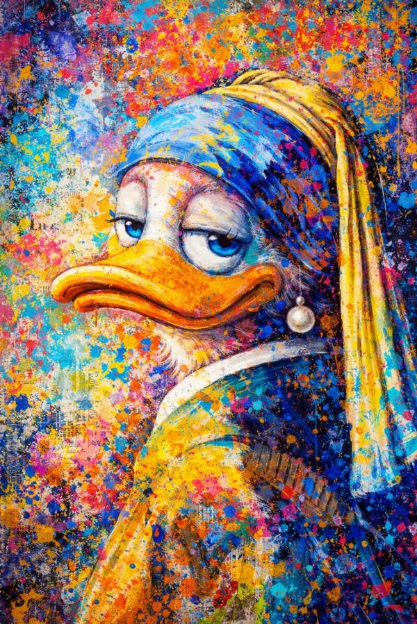 Eend met een pareloorbel – kleurrijk popart schilderij