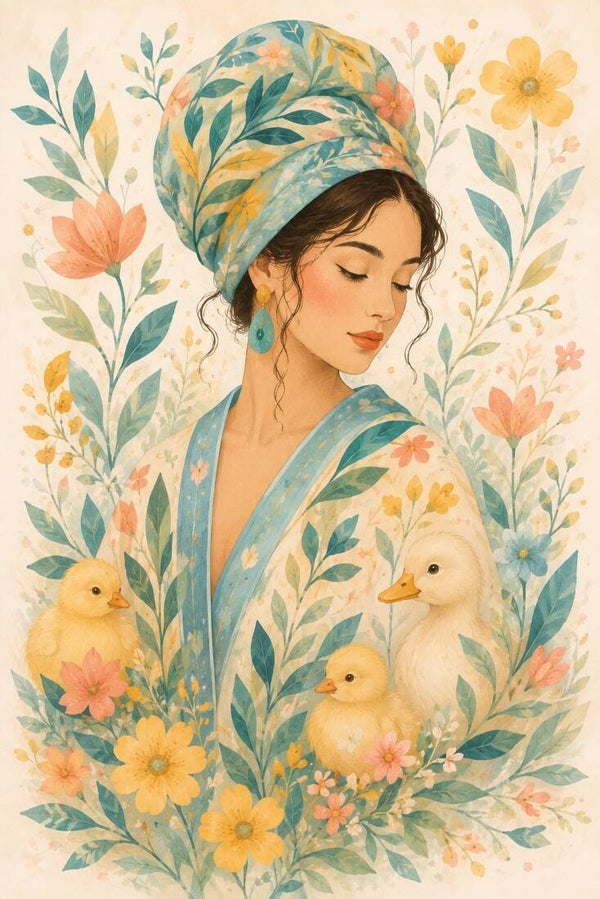 Eendenbloesem – botanisch vrouw schilderij met eendenkuikens en bloemen