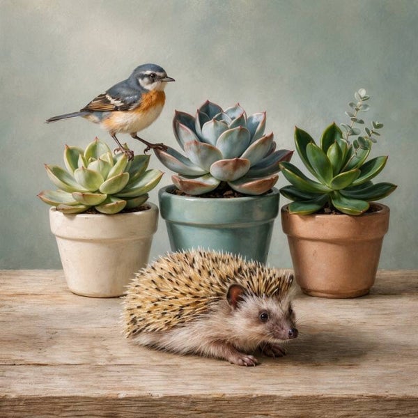 Tussen Mos en Klei – landelijk schilderij egel vogel vetplanten
