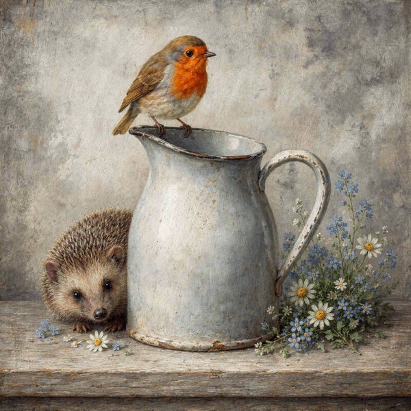 Egelrust en Vogelzang – landelijk schilderij met egel en roodborstje