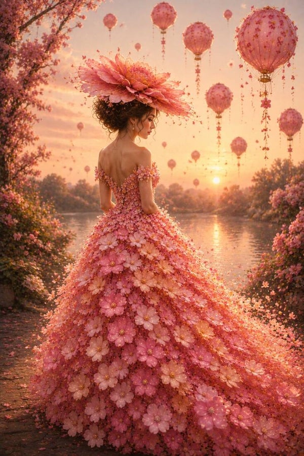 Bloesemlicht – vrouw schilderij met roze bloemenjurk