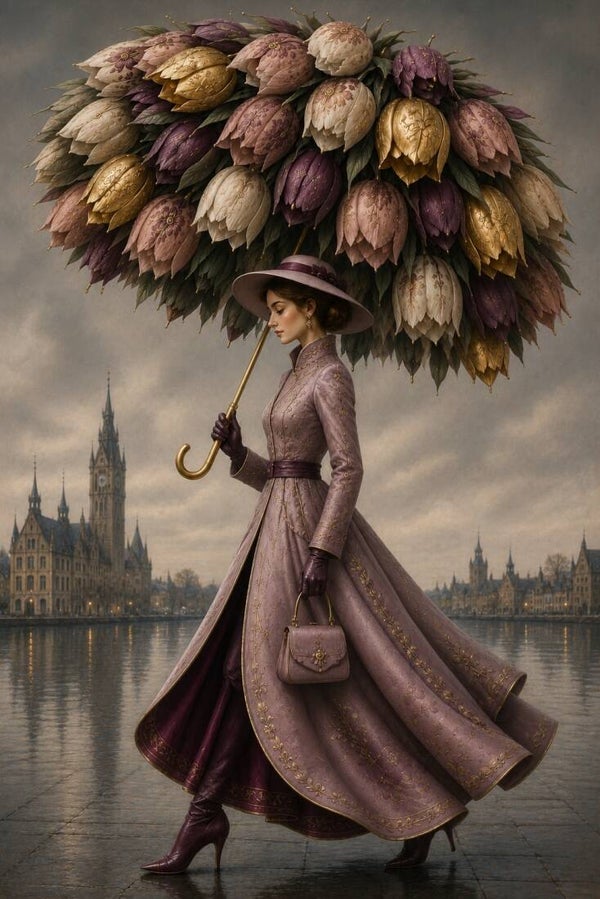 Paraplu van Bloemenlicht – vrouw met bloemparaplu schilderij