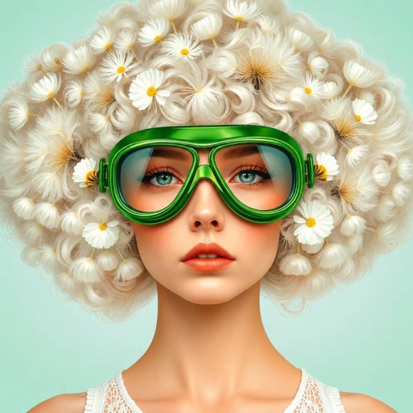 Emerald Daisy Dive – Vrouw schilderij met groene duikbril en madeliefjes
