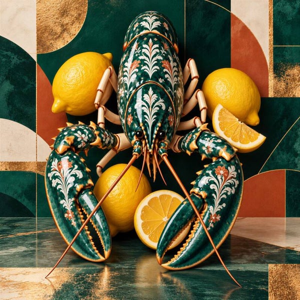 Emerald Lobster – luxe kreeft wanddecoratie met citroenen in smaragdgroen