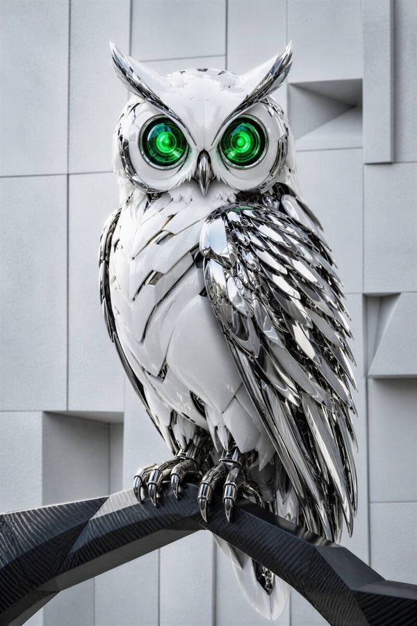 Emerald Sentinel – Futuristische Robot Uil Schilderij in Wit Zilver en Neon Groen