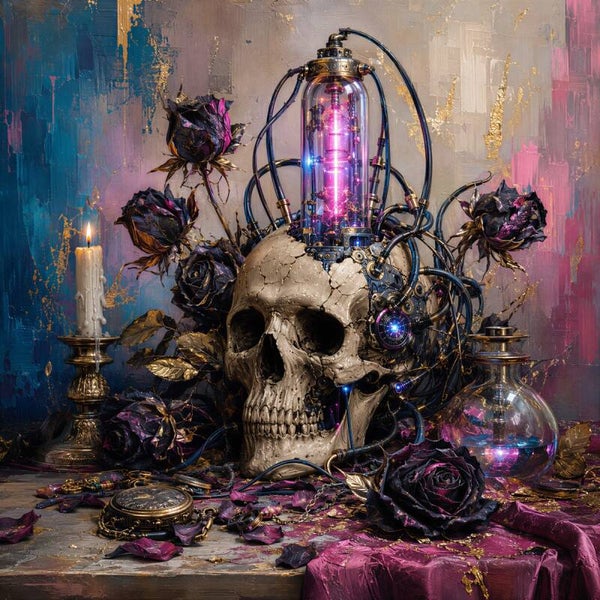 Eternal Alchemy – steampunk schedel met zwarte rozen schilderij