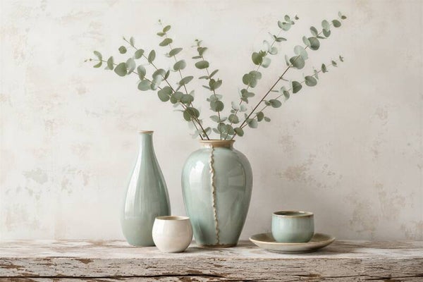 Zen Keramiek – Eucalyptus in groene vazen landelijk Japandi stilleven