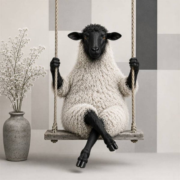 Even Uitwaaien – schapen schilderij met houten schommel