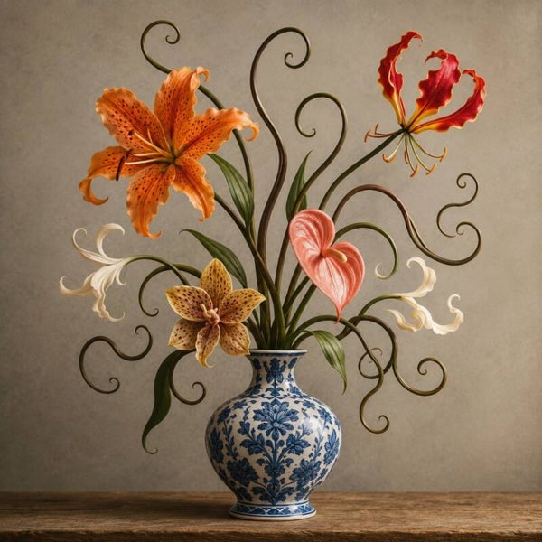 Exotische Delftse Bloei – Delfts blauw vaasschilderij met bijzondere bloemen
