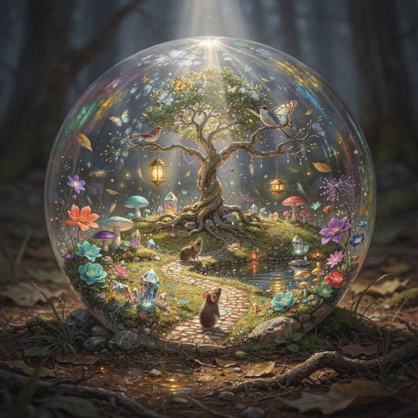 De boom van verwondering – fantasie schilderij met glazen wereld en licht