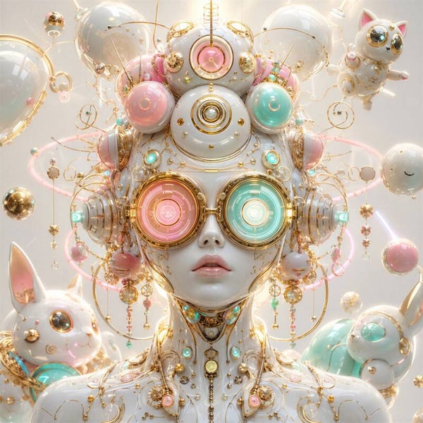 Pastel Vision – futuristische vrouw met robotdieren schilderij