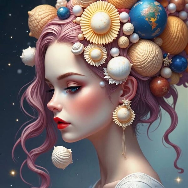 Fantasie schilderij – Vrouw met schelpen en planeten in haar